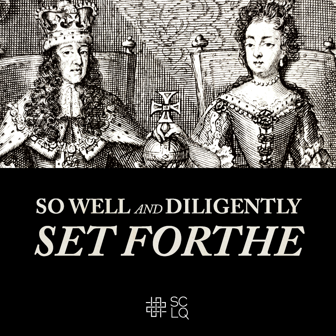A drawn image of a Queen and King with the words 'So well and diligently SET FORTHE