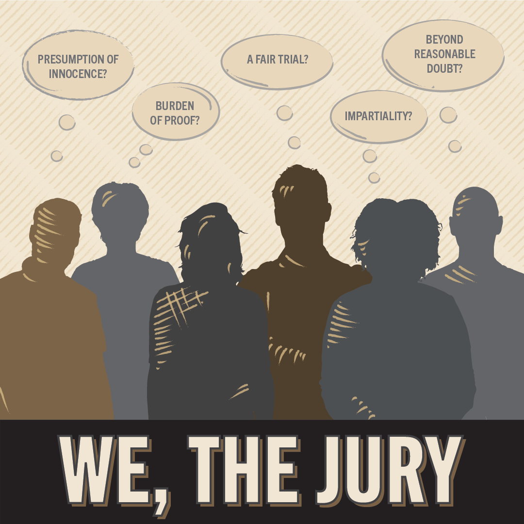 image of silhouettes of six people with thought bubbles showing their thoughts regarding jury service. 